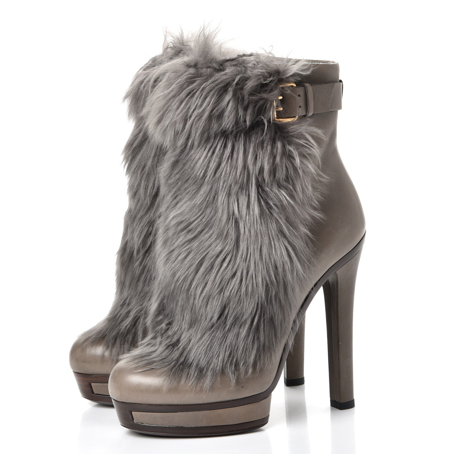 Gucci Alpaca Fur Lambskin Alyona Platform Ankle Boots 36.5 Grey 3 of 16