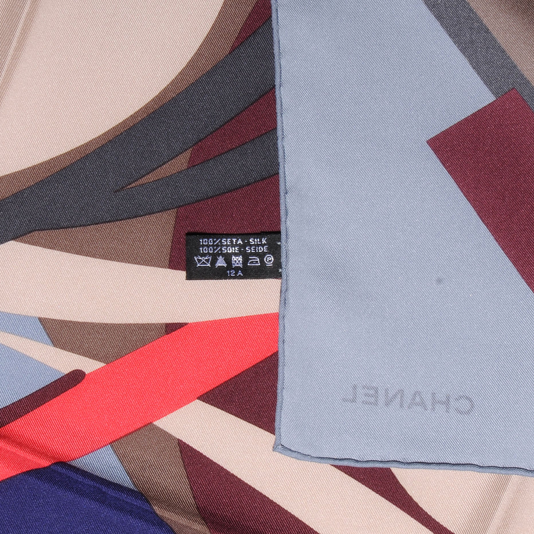Chanel Silk Camellia Geometric Flower Scarf Blue Multicolor 5 of 5