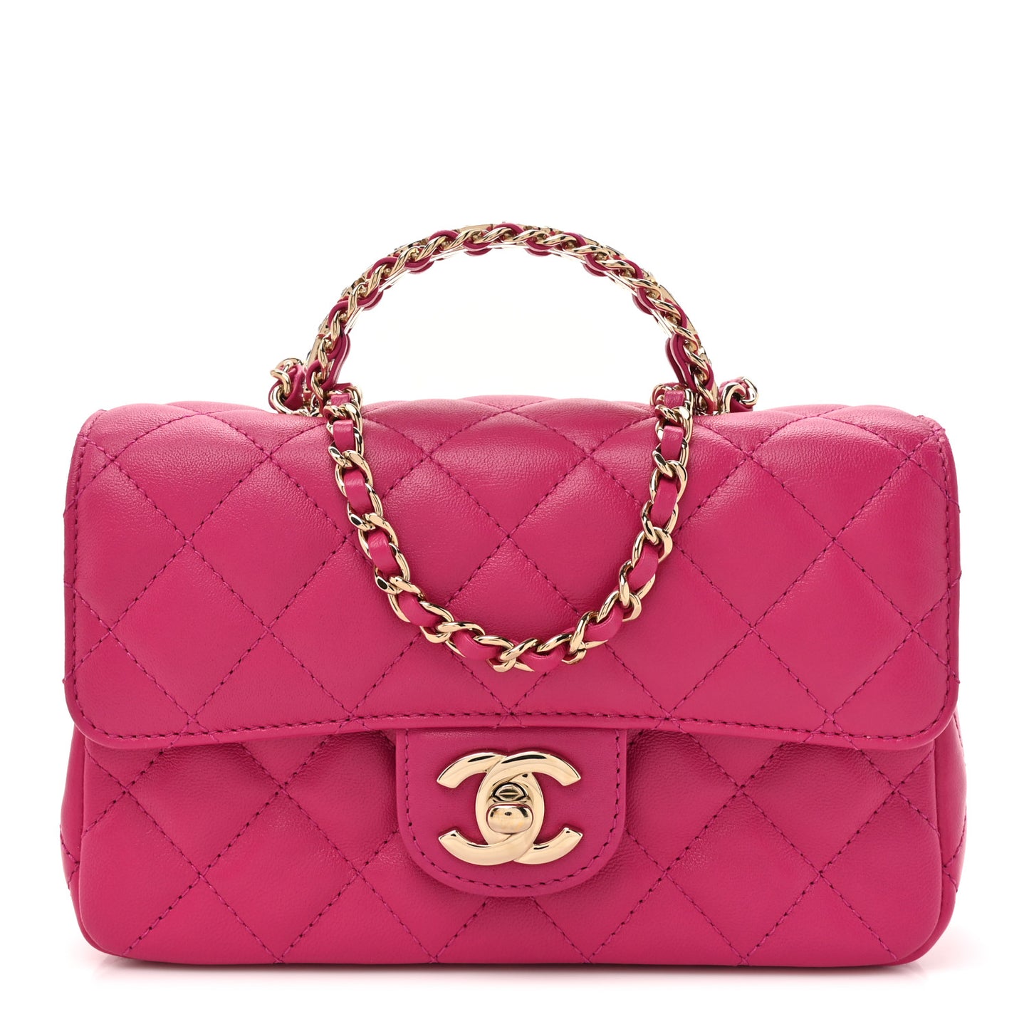 Lambskin Quilted Mini Crystal Top Handle Rectangular Flap Dark Pink