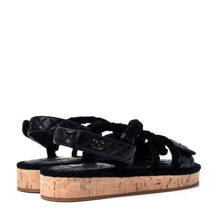 Chanel Cord Lambskin Quilted Logo Sandals 37 Black 3 of 10
