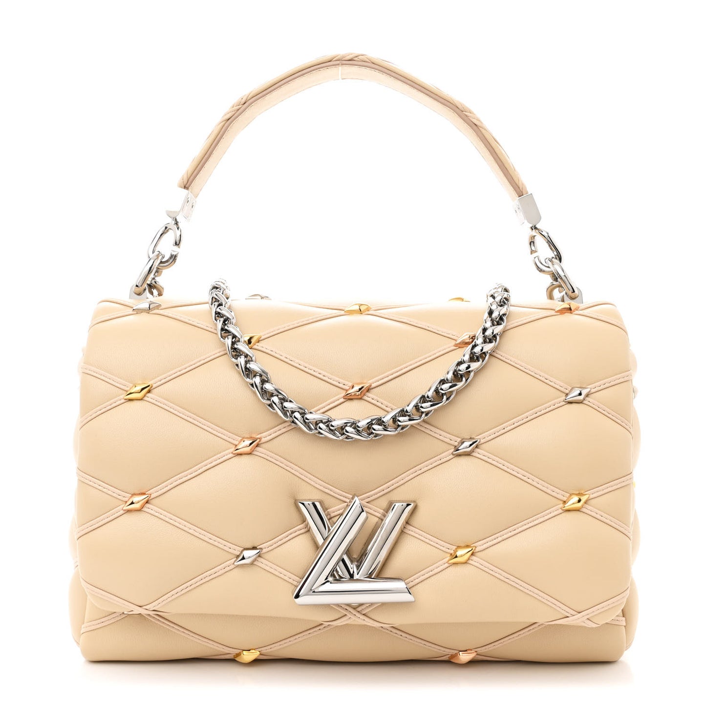 Lambskin Studded Malletage Top Handle GO-14 MM Beige