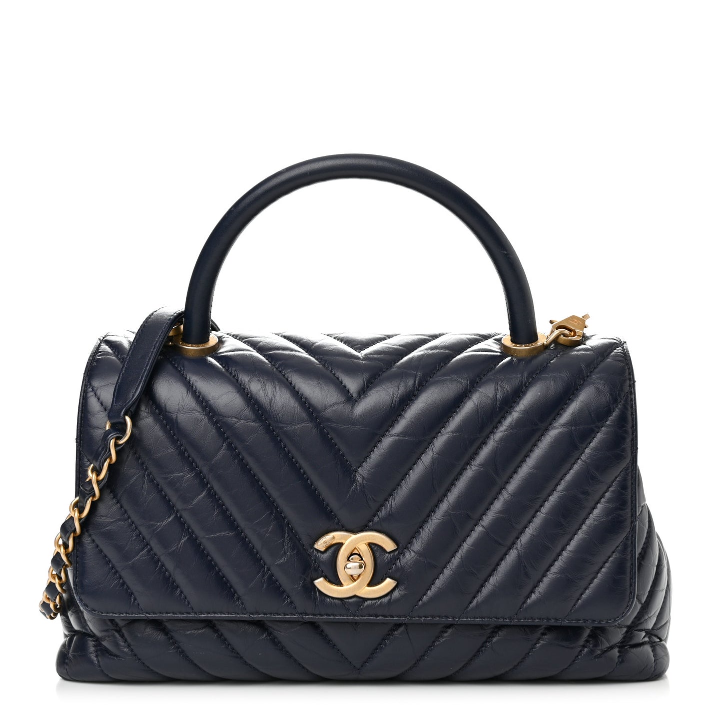 Aged Calfskin Chevron Quilted Small Coco Handle Flap Navy