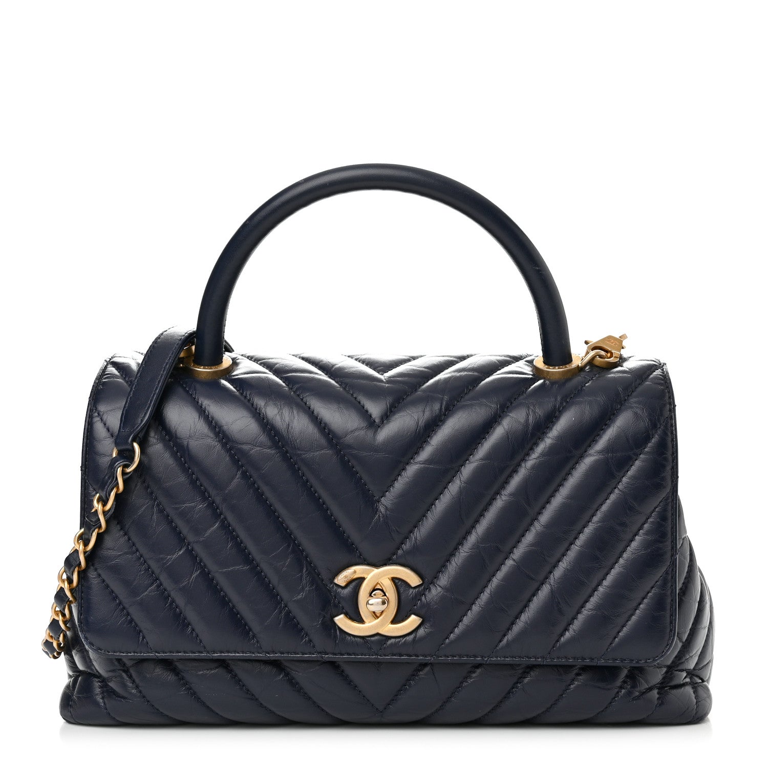 Chanel Aged Calfskin Chevron Quilted Small Coco Handle Flap Navy 1 of 16