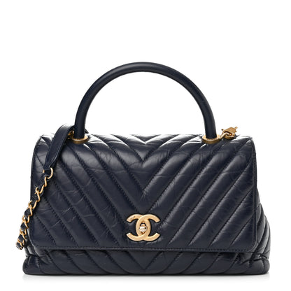 Chanel Aged Calfskin Chevron Quilted Small Coco Handle Flap Navy 1 of 16