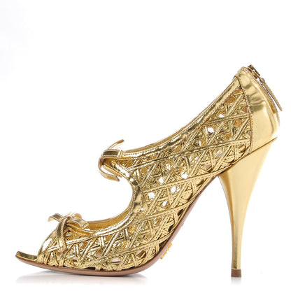 Prada Metallic Calfskin Woven Bow Peep Toe Pumps 39 Gold 1 of 17