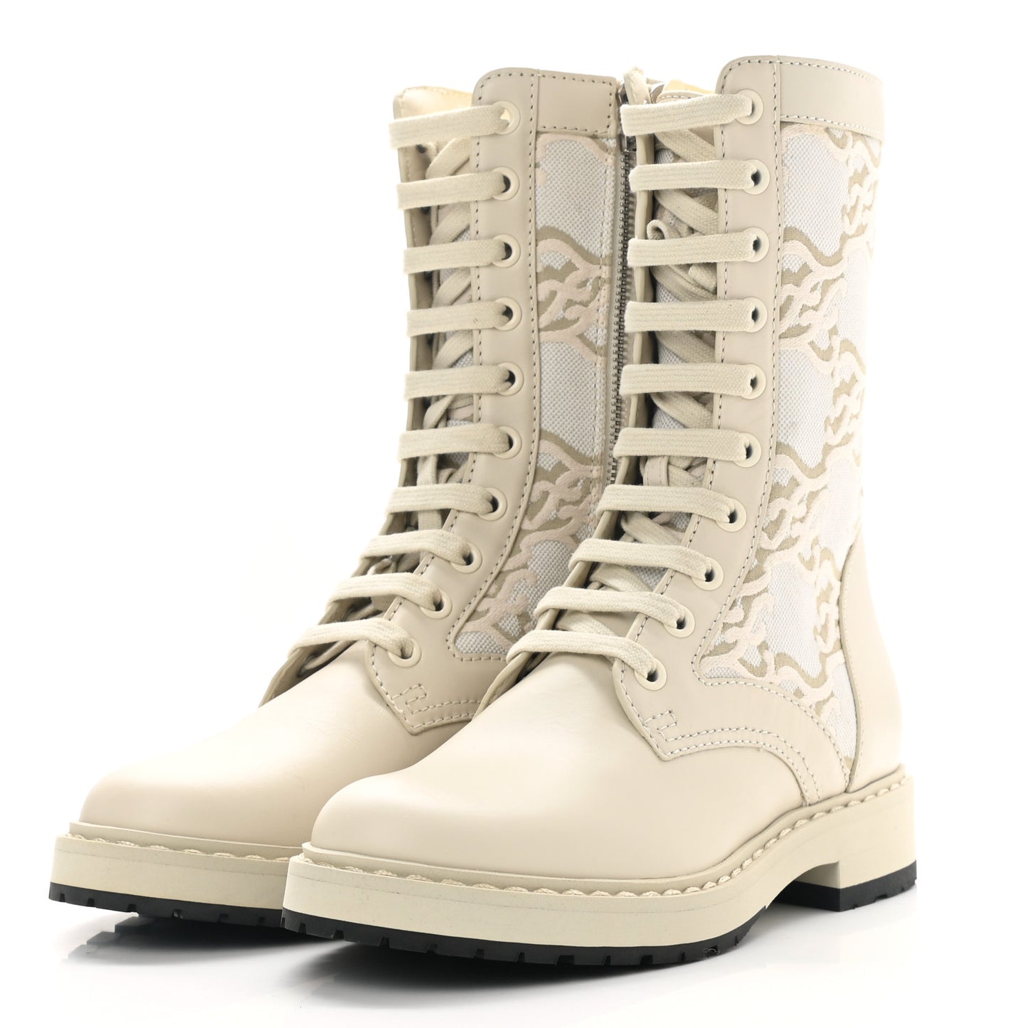 Vitello Fabric Jacquard Karligraphy Embroidered Womens Combat Boots 35 White Camelia