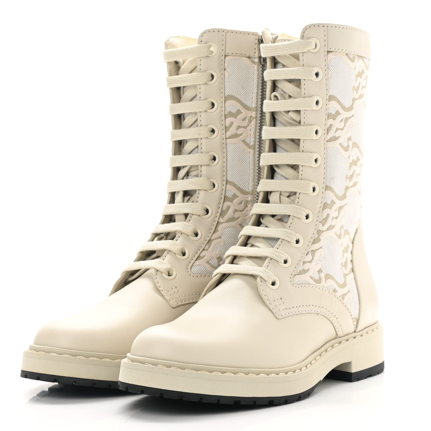 Fendi Vitello Fabric Jacquard Karligraphy Embroidered Womens Combat Boots 35 White Camelia 3 of 7