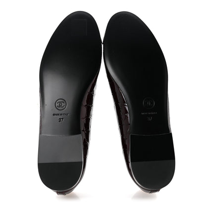Chanel Patent Calfskin Crocodile Embossed Cap Toe CC Ballerina Flats 37 Dark Burgundy Black 6 of 10