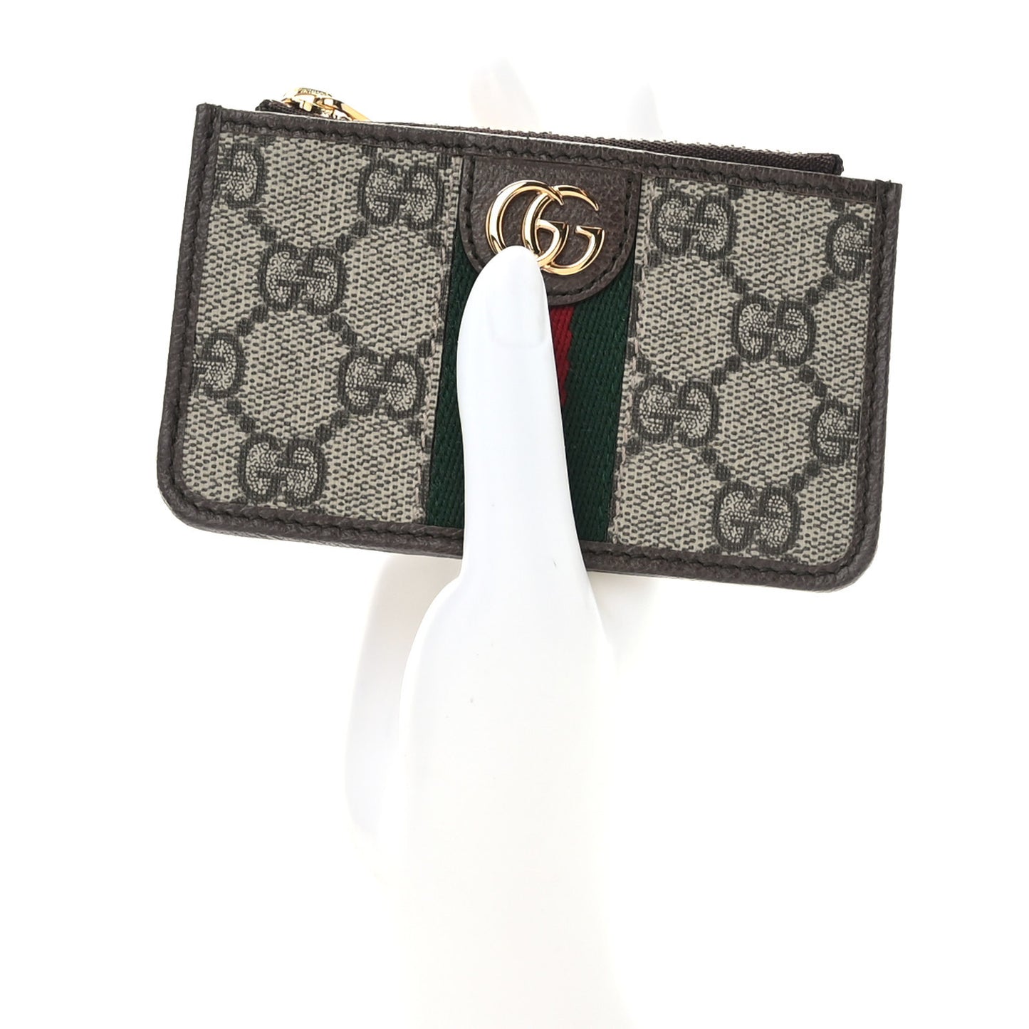 GG Supreme Monogram Web Ophidia Zip Card Case Brown