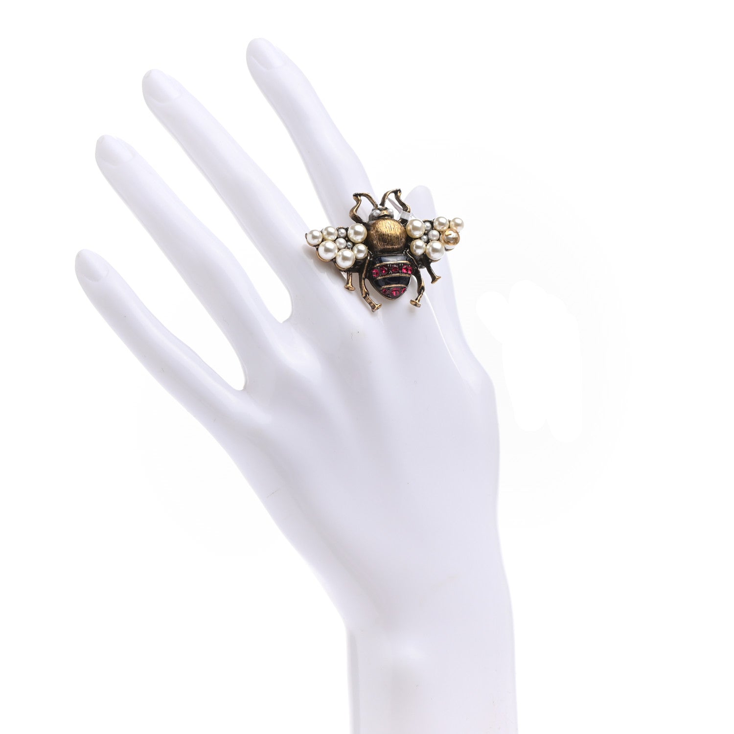 Gucci Metal Crystal Pearl Bee Ring 7.25 Aged Gold 2 of 6