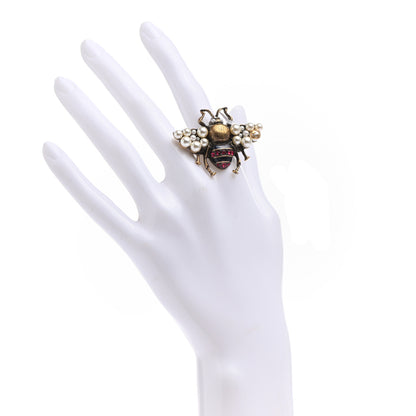 Gucci Metal Crystal Pearl Bee Ring 7.25 Aged Gold 2 of 6