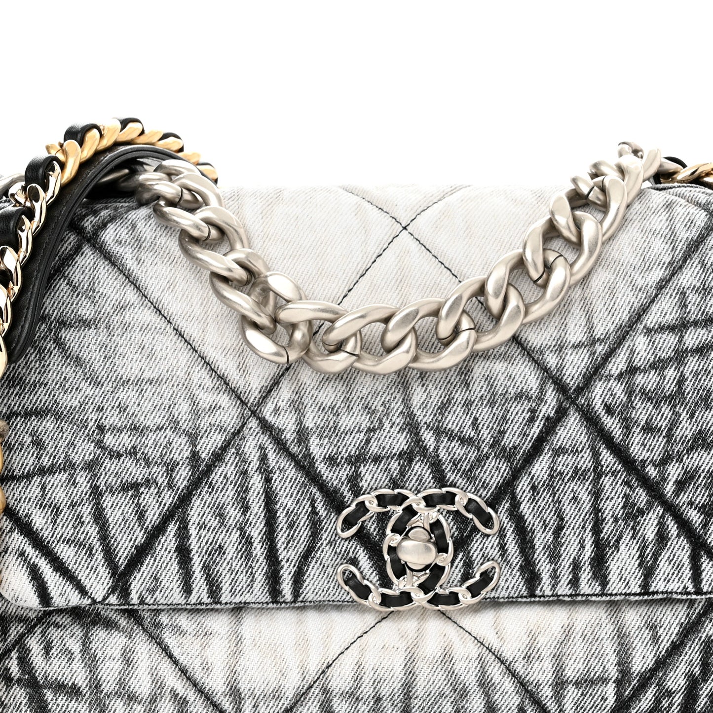 Washed Denim Quilted Medium Chanel 19 Flap Black White