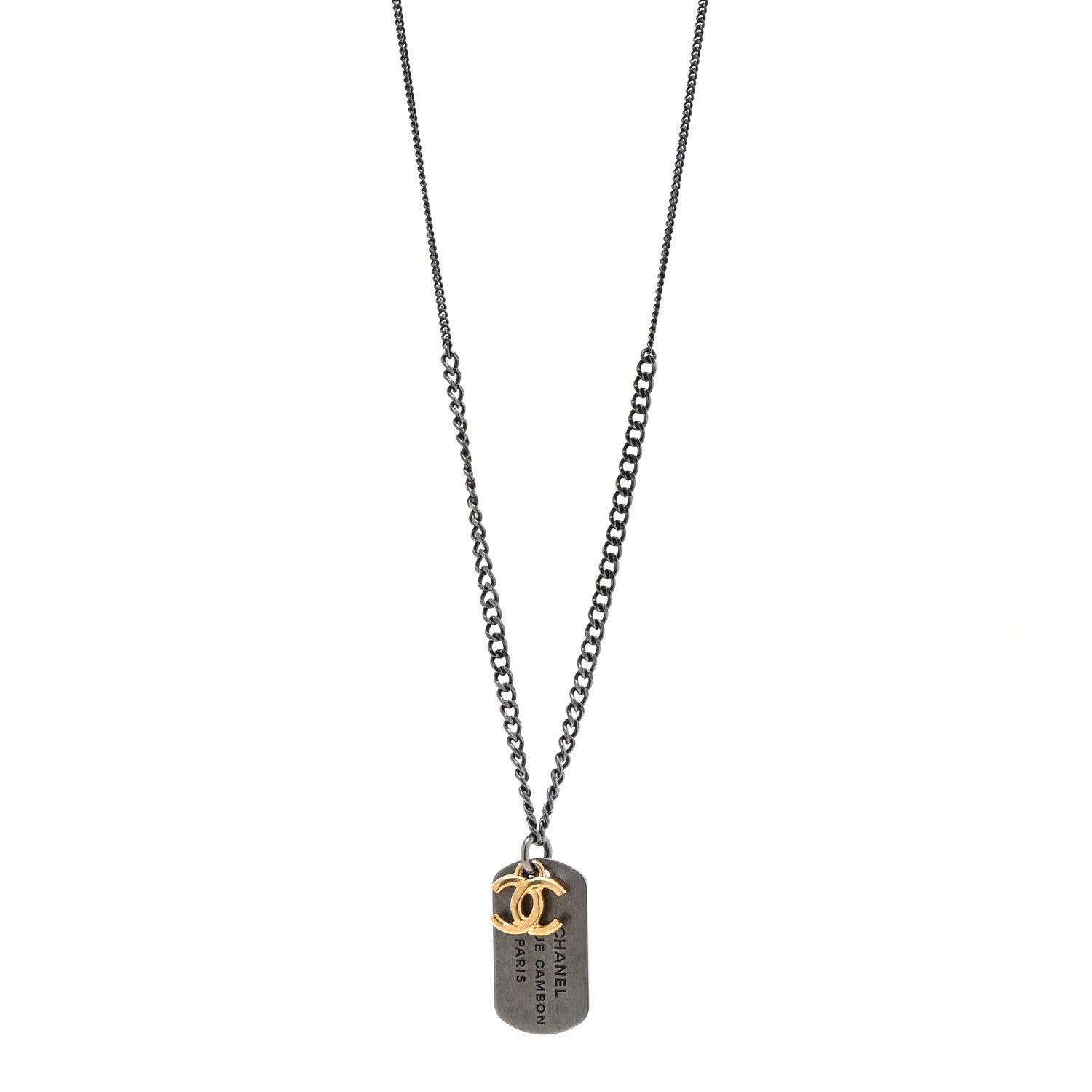 Chanel Ruthenium ID Dog Tag Charm Necklace Silver Gold 1 of 6