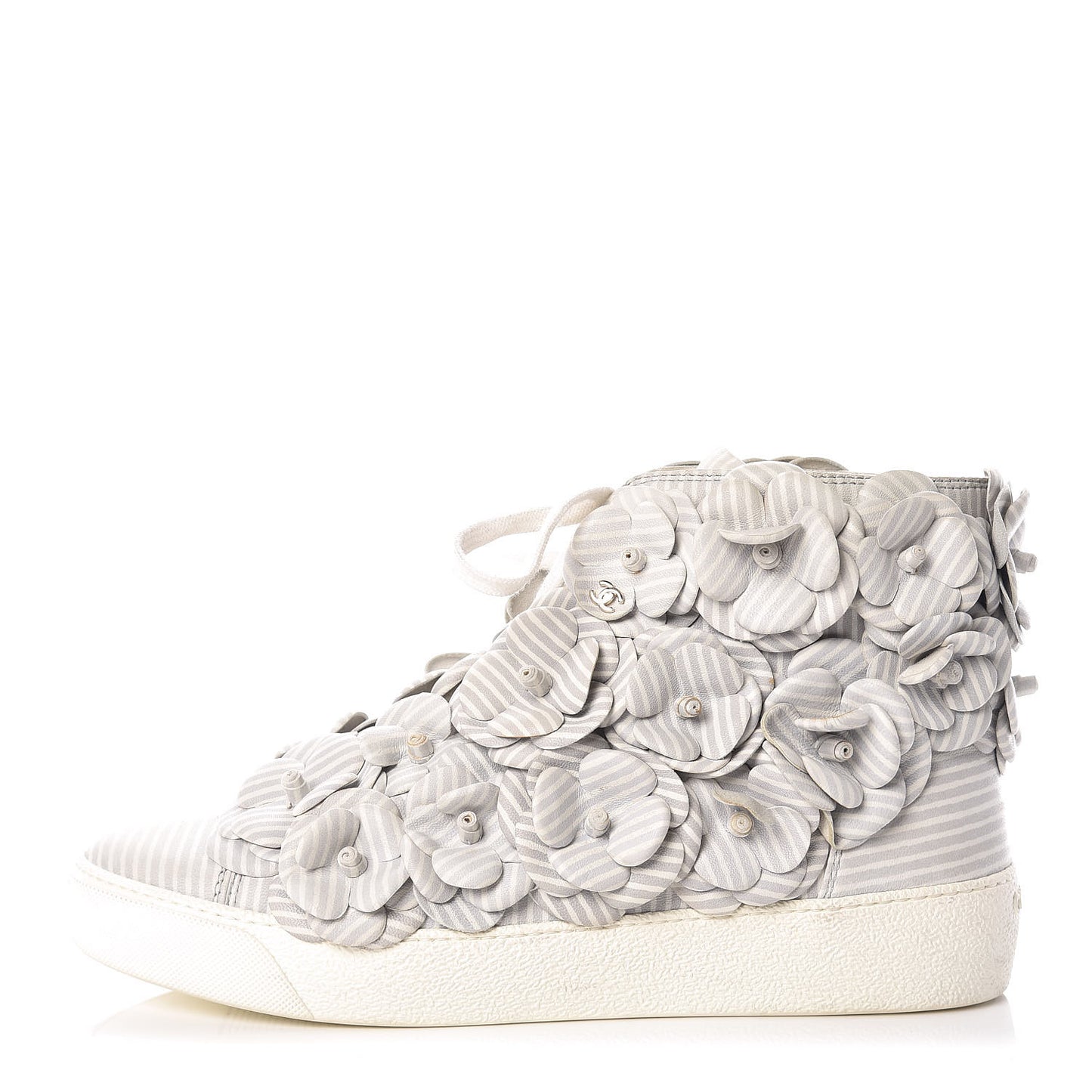 Lambskin Striped Camellia High Top Sneakers 38 Grey