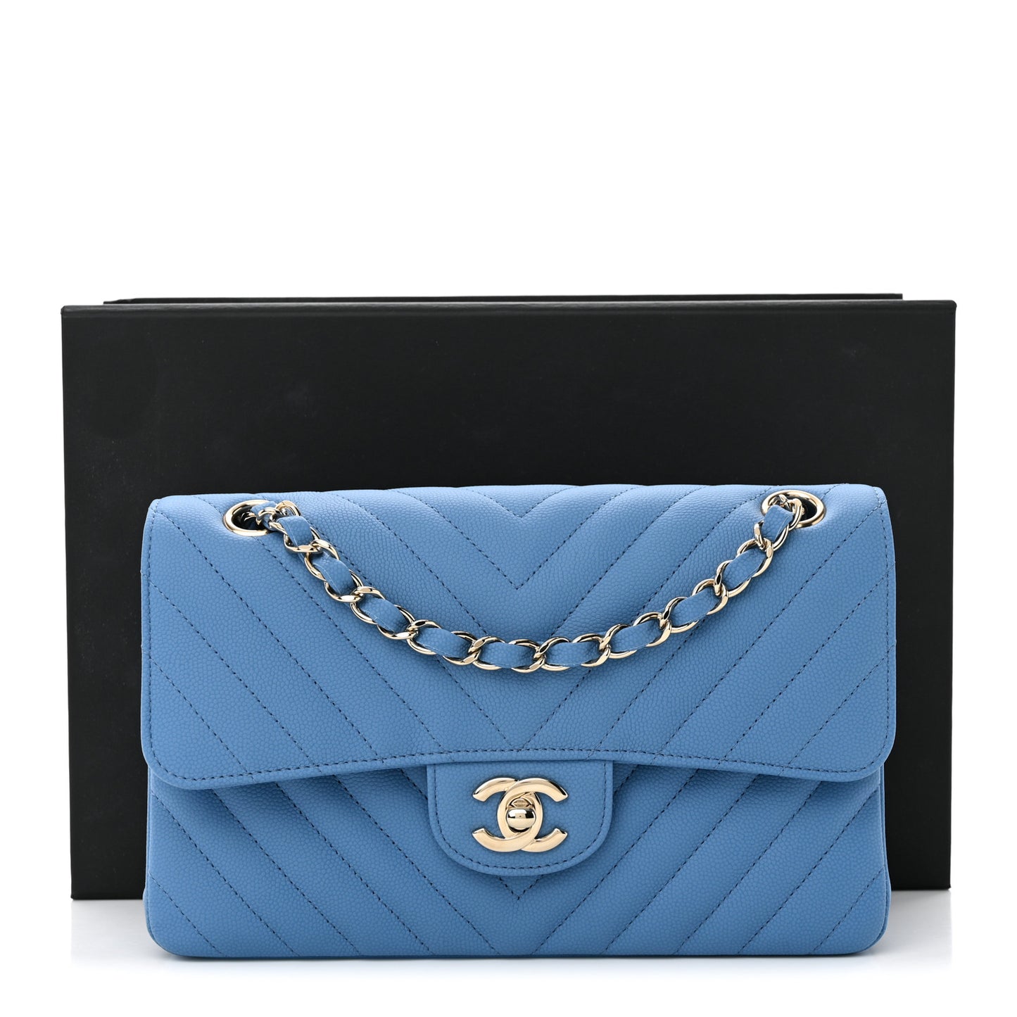 Caviar Flat Chevron Quilted Small Double Flap Blue