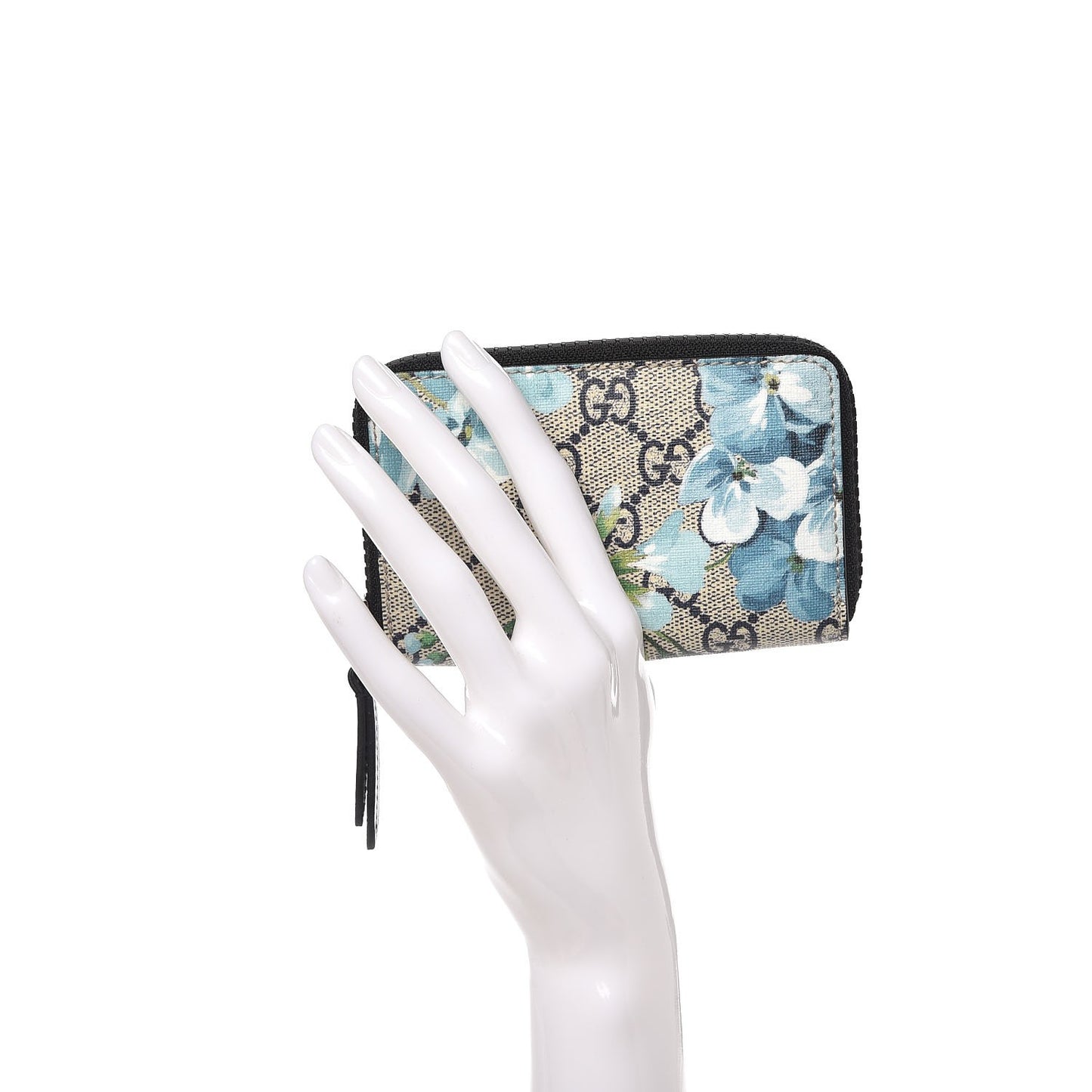 GG Supreme Monogram Blooms Zip Around Card Case Wallet Beige Blue Navy