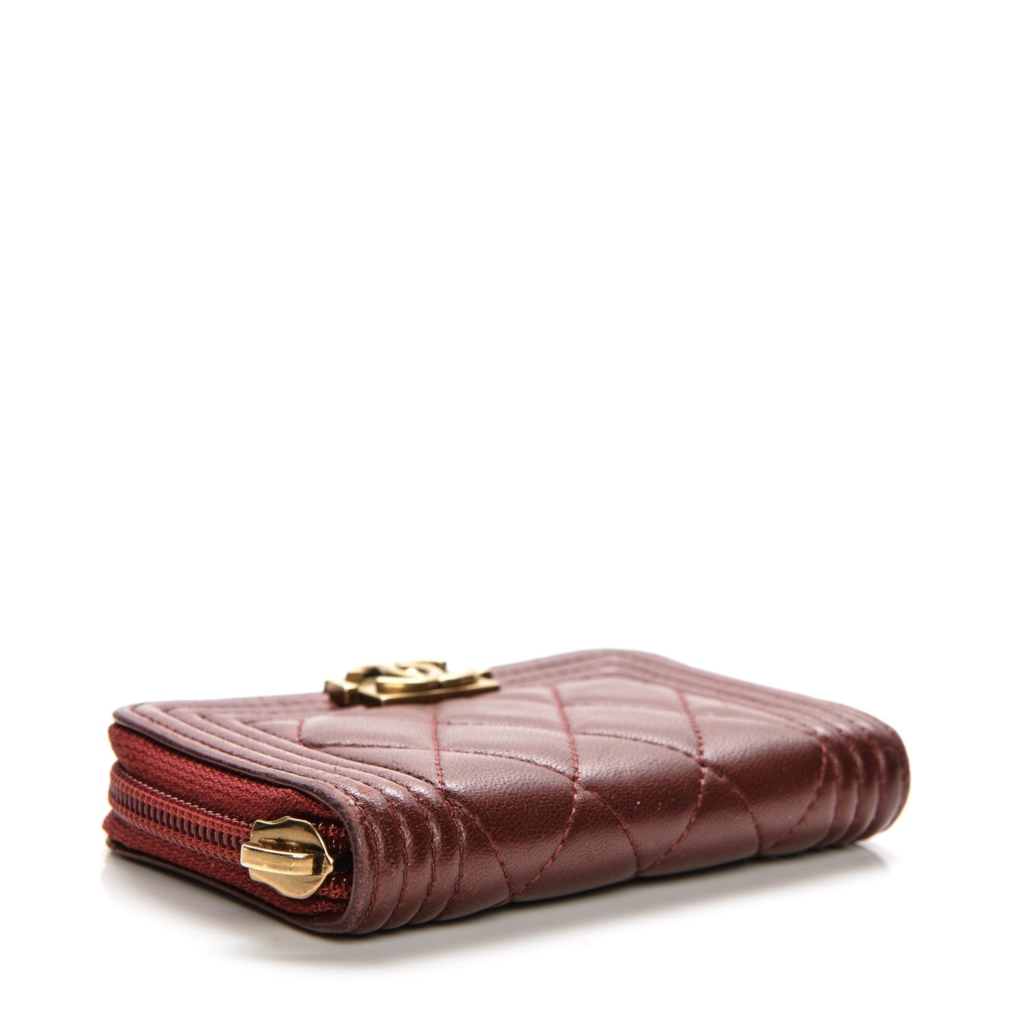 Chanel Lambskin Quilted Boy Zip Around Coin Purse Wallet Dark Red 4 of 9