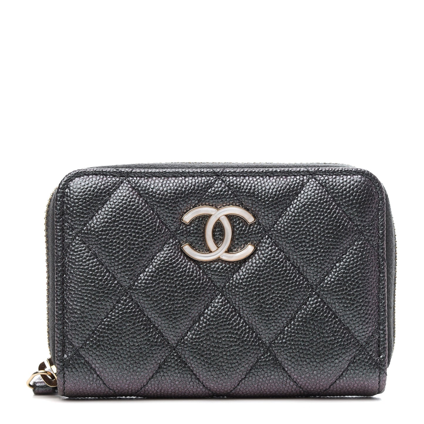 Iridescent Caviar Quilted Zip Coin Purse Black