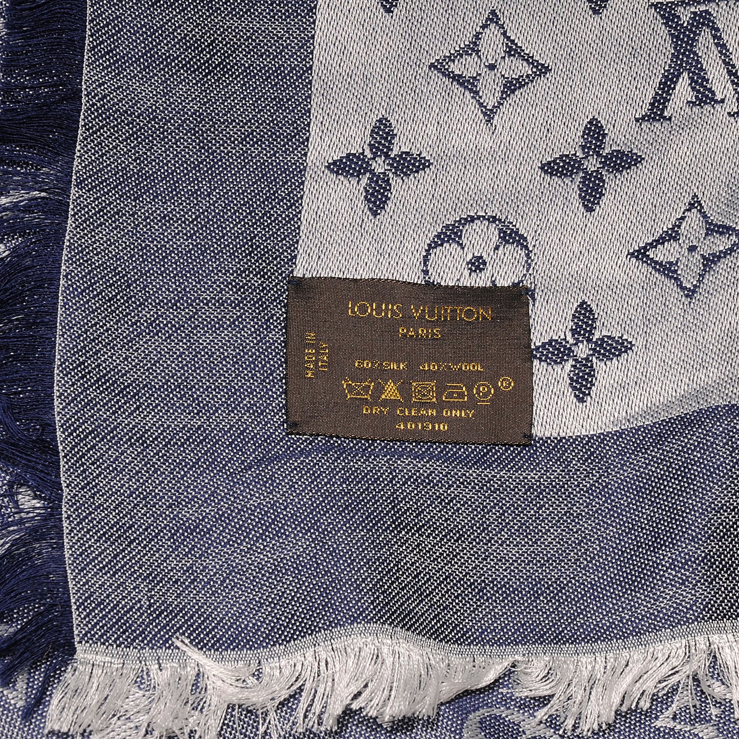 Wool Silk Monogram Denim Shawl Blue