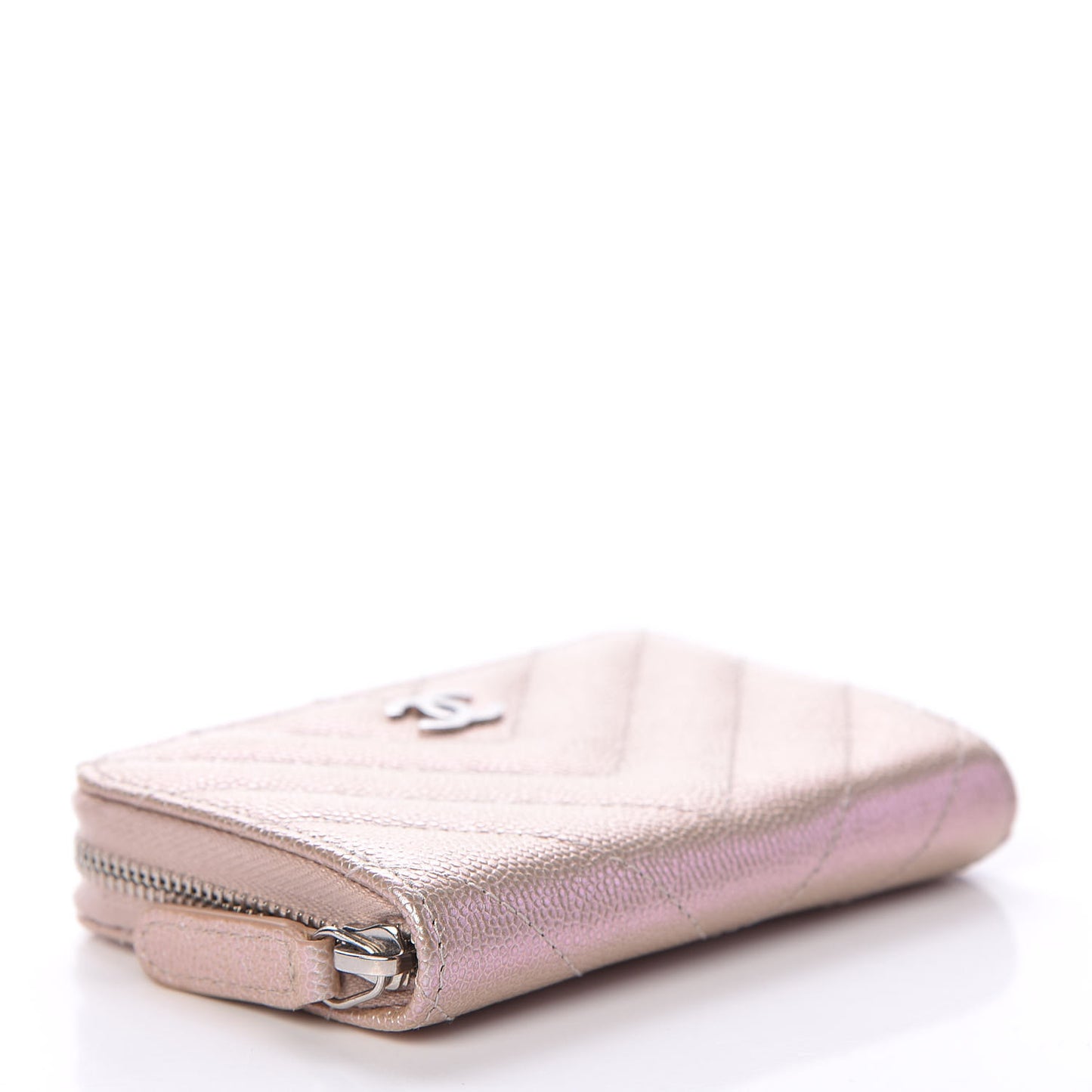 Metallic Caviar Chevron Quilted Zip Around Coin Purse Light Gold