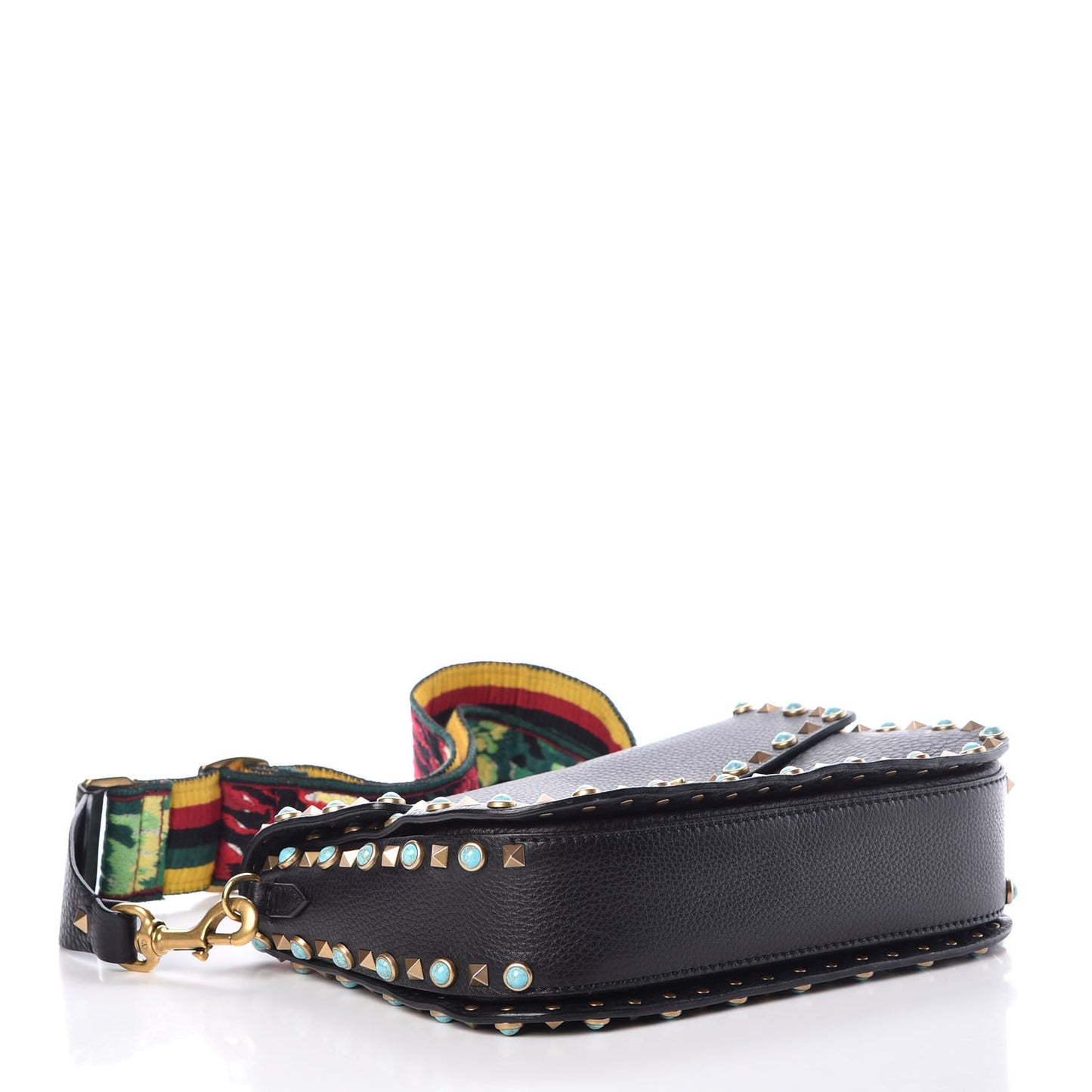 Pebbled Calfskin Turquoise Medium Guitar Strap Rockstud Rolling Flap Saddle Bag Black