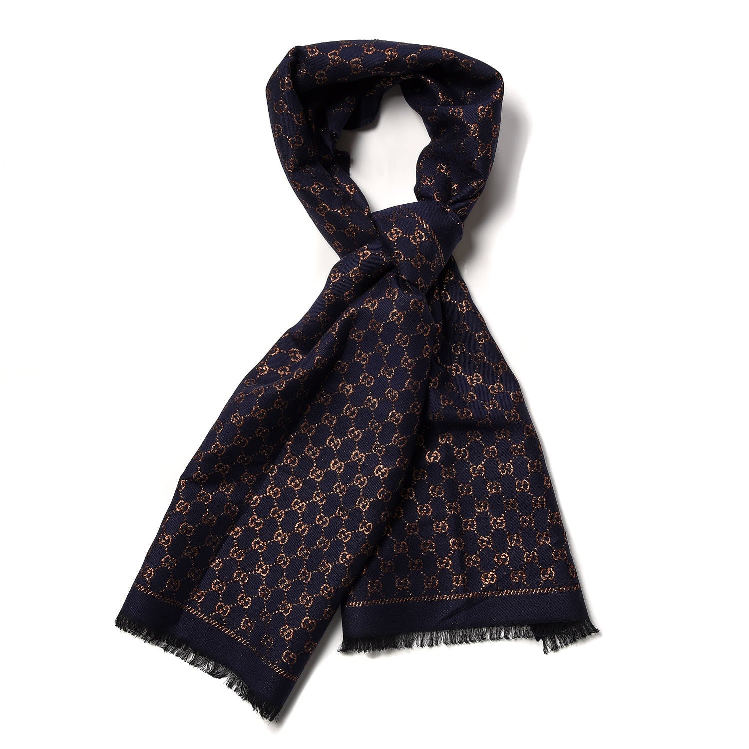 Gucci Wool Silk Jacquard GG Monogram Stenix Scarf Navy Yellow 1 of 4