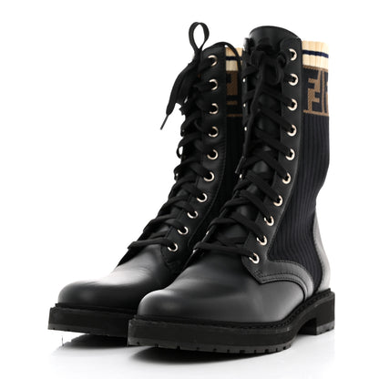 Fendi Calfskin Stretch Fabric Rockoko Biker Boots 37 Tobacco Black Marino 3 of 8