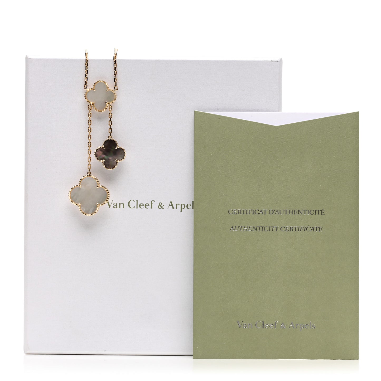 18K Yellow Gold Mother of Pearl Onyx 6 Motifs Magic Alhambra Necklace