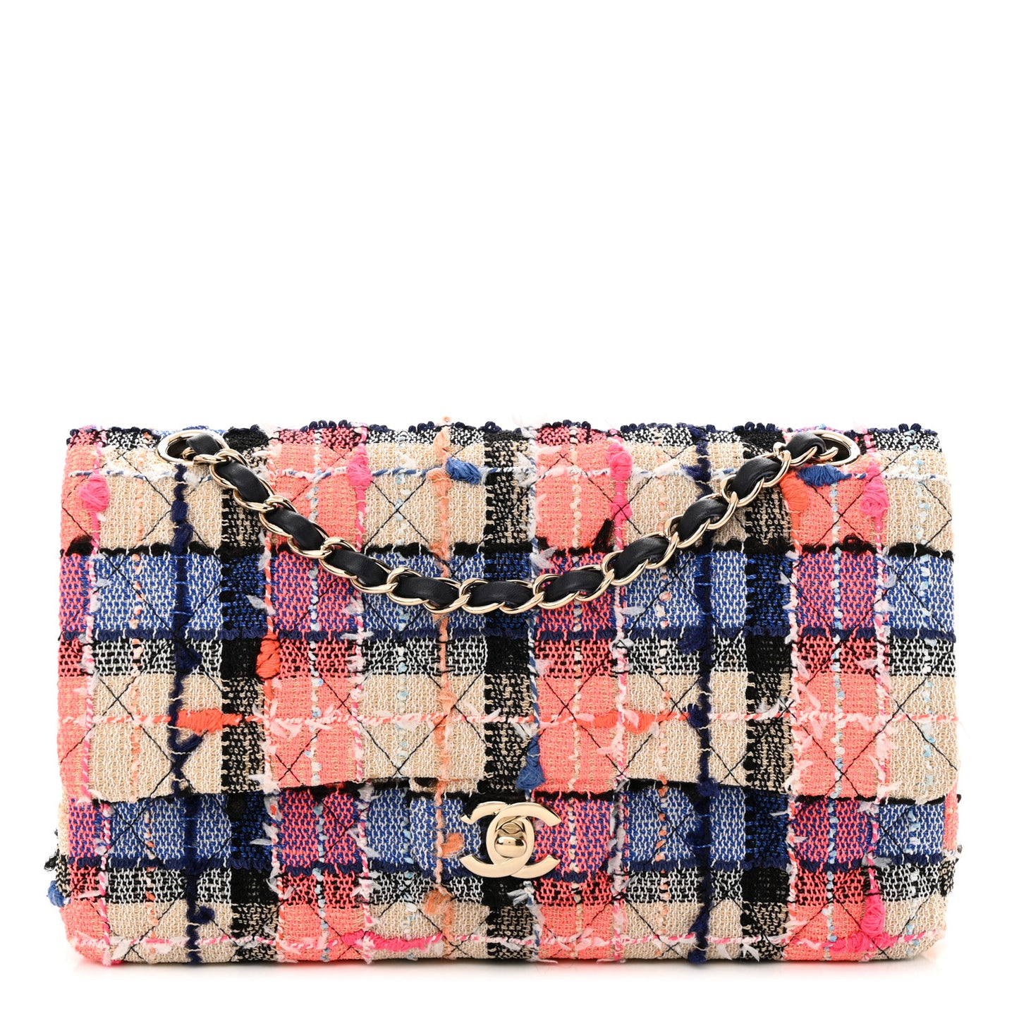Tweed Quilted Medium Double Flap Blue Orange Yellow