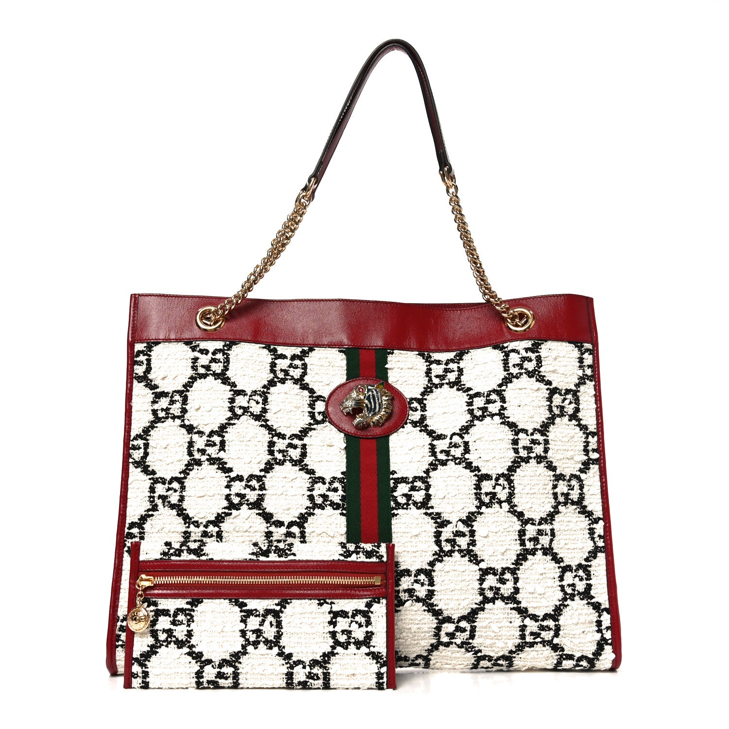 Gucci Tweed GG Monogram Large Rajah Chain Tote White Black Romantic Cherry 3 of 11