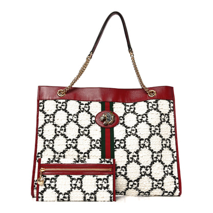 Gucci Tweed GG Monogram Large Rajah Chain Tote White Black Romantic Cherry 3 of 11