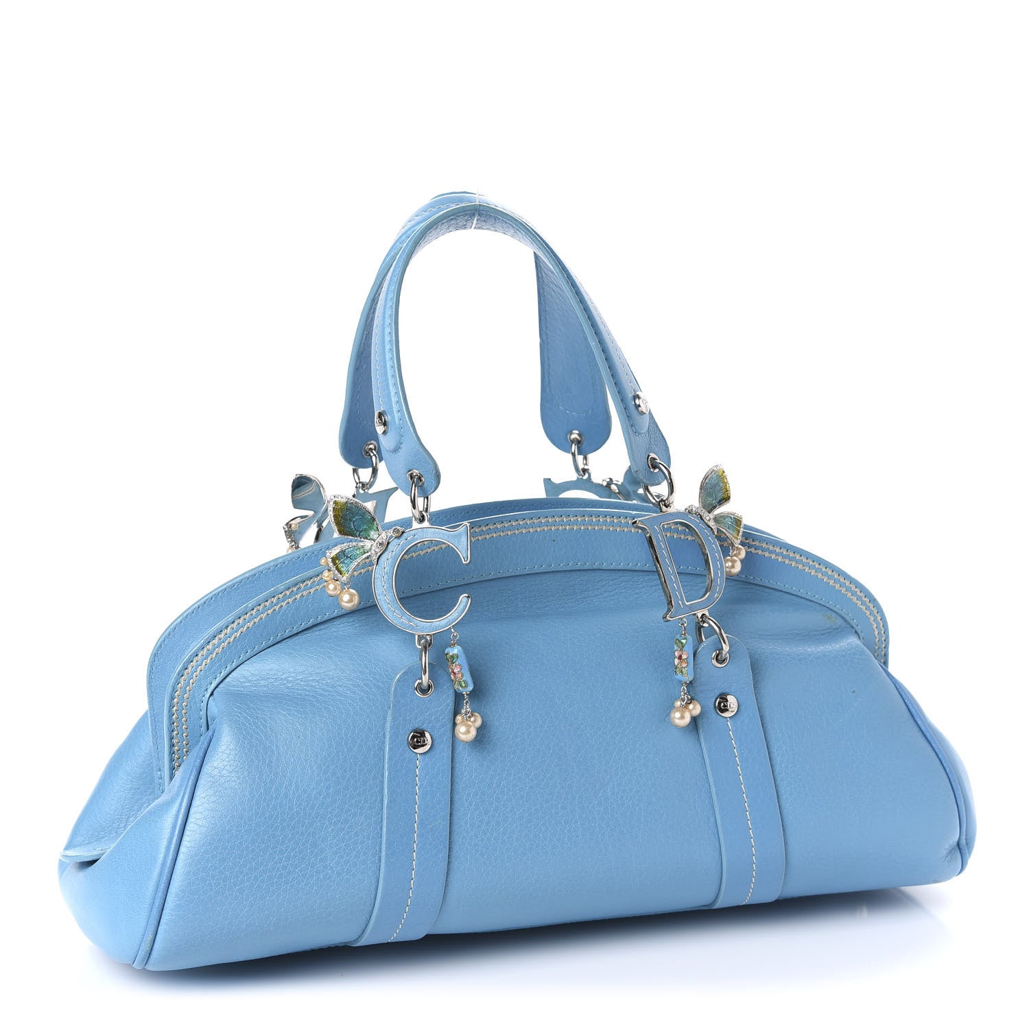 Christian Dior Calfskin Butterfly Pearls Frame Satchel Blue 3 of 13