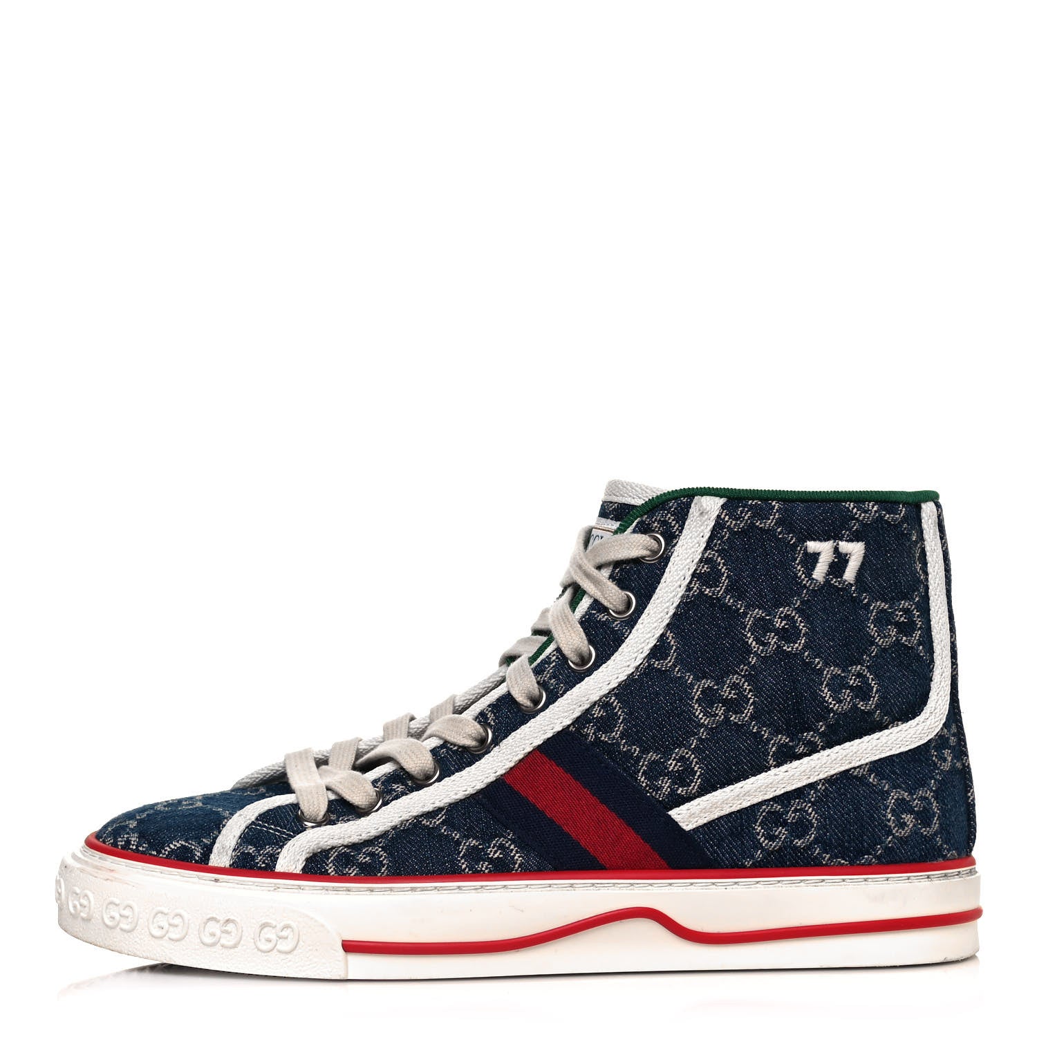 Gucci New Denim GG Monogram Web Womens 1977 Tennis High Top Sneakers 37.5 Blue Tea Mystic White 1 of 10