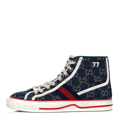 Gucci New Denim GG Monogram Web Womens 1977 Tennis High Top Sneakers 37.5 Blue Tea Mystic White 1 of 10