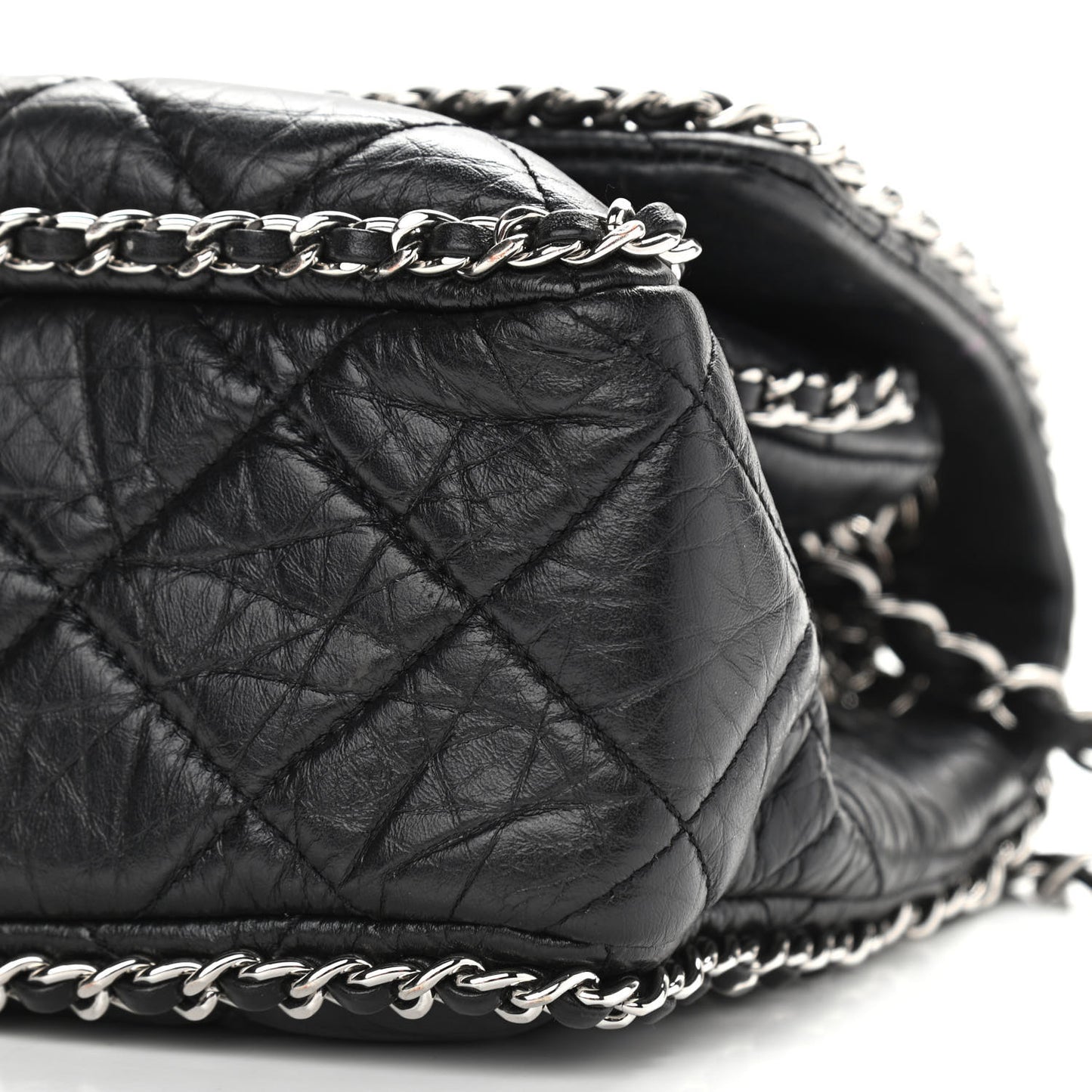 Crumpled Calfskin Medium Chain All Over Flap Black