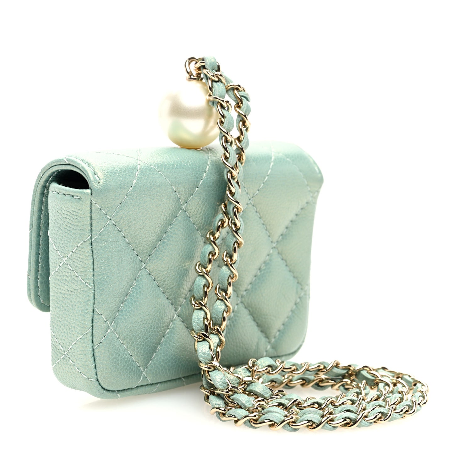 Iridescent Caviar Quilted Pearl On Top Coin Purse With Chain Light Green