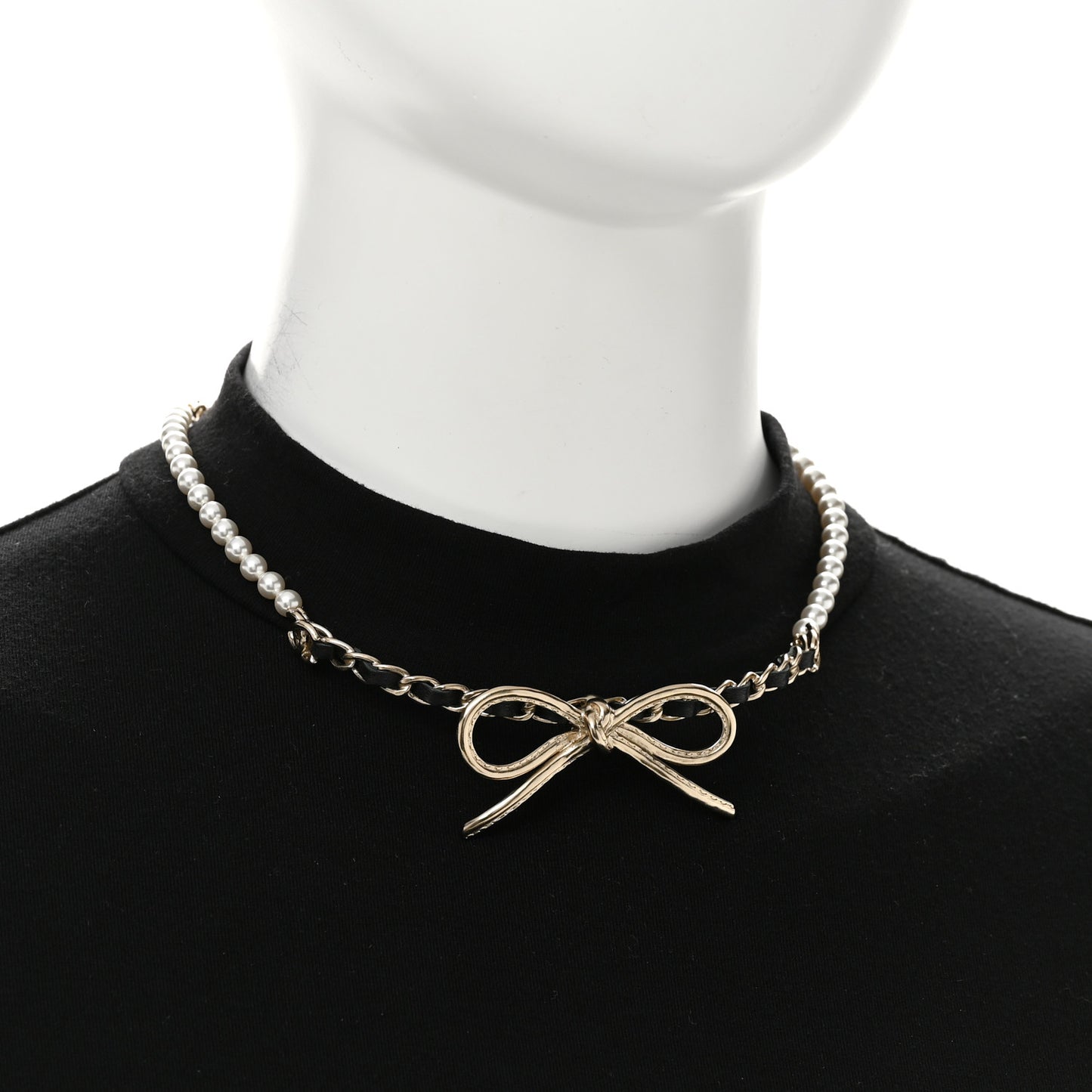 Pearl Lambskin CC Chain Bow Choker Gold Black White