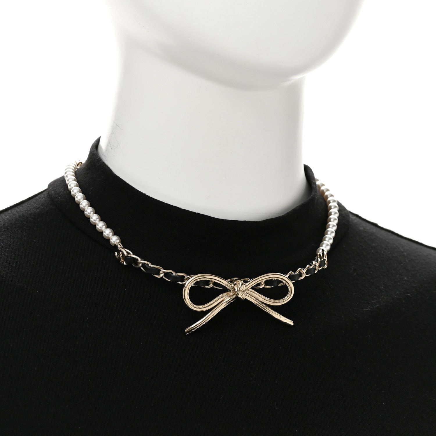 Chanel Pearl Lambskin CC Chain Bow Choker Gold Black White 2 of 7
