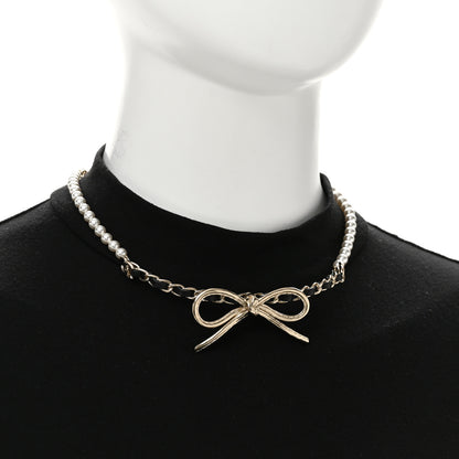 Chanel Pearl Lambskin CC Chain Bow Choker Gold Black White 2 of 7