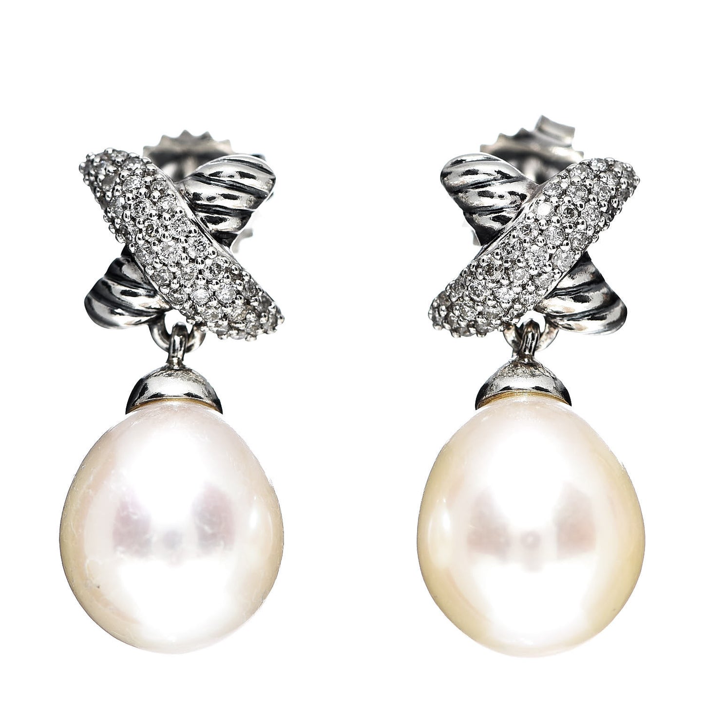 Sterling Silver Pearl Diamond X Drop Earrings