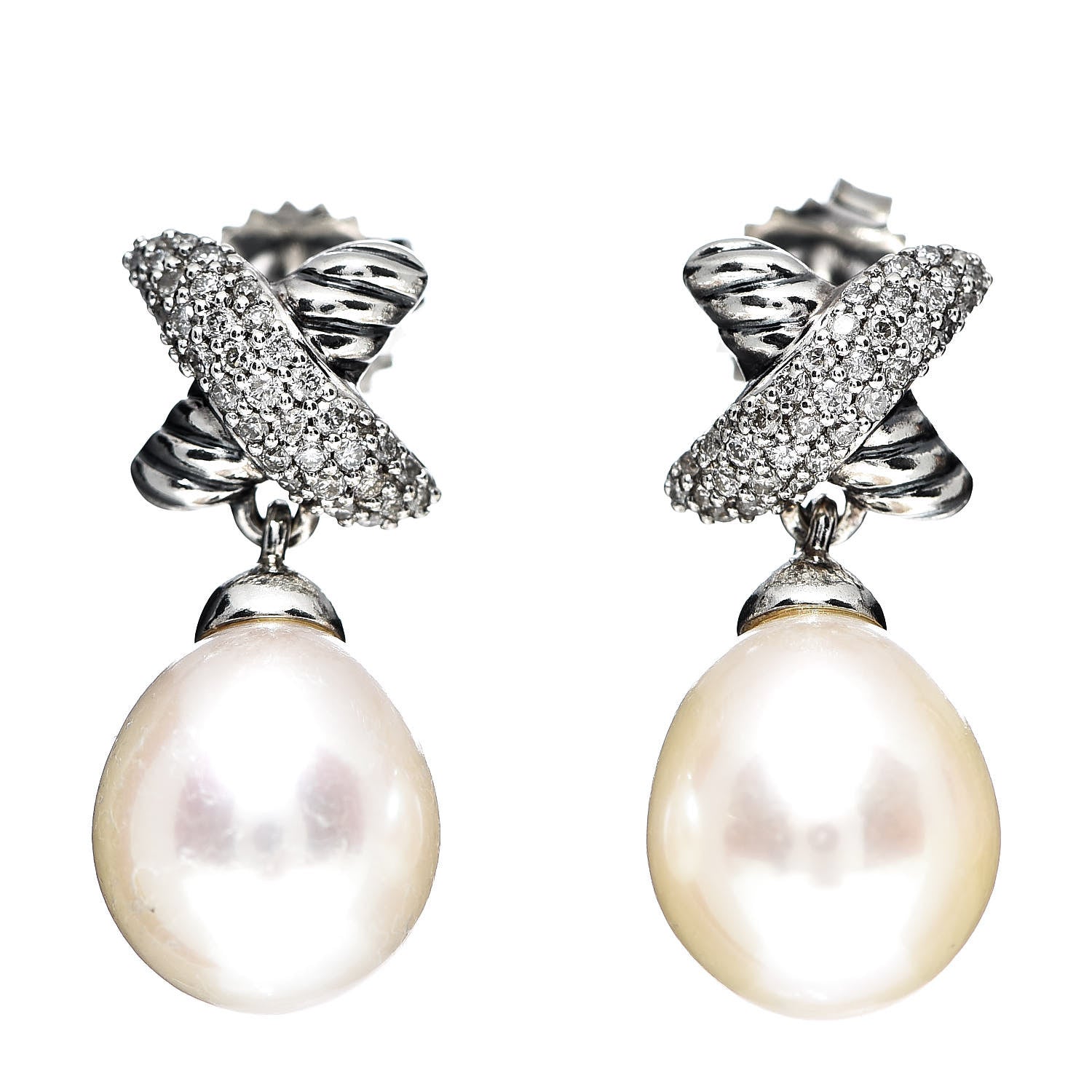 David Yurman Sterling Silver Pearl Diamond X Drop Earrings 1 of 4