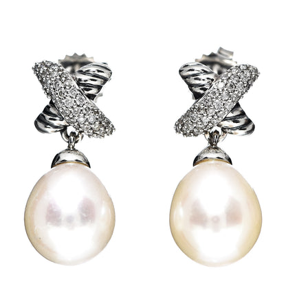 David Yurman Sterling Silver Pearl Diamond X Drop Earrings 1 of 4