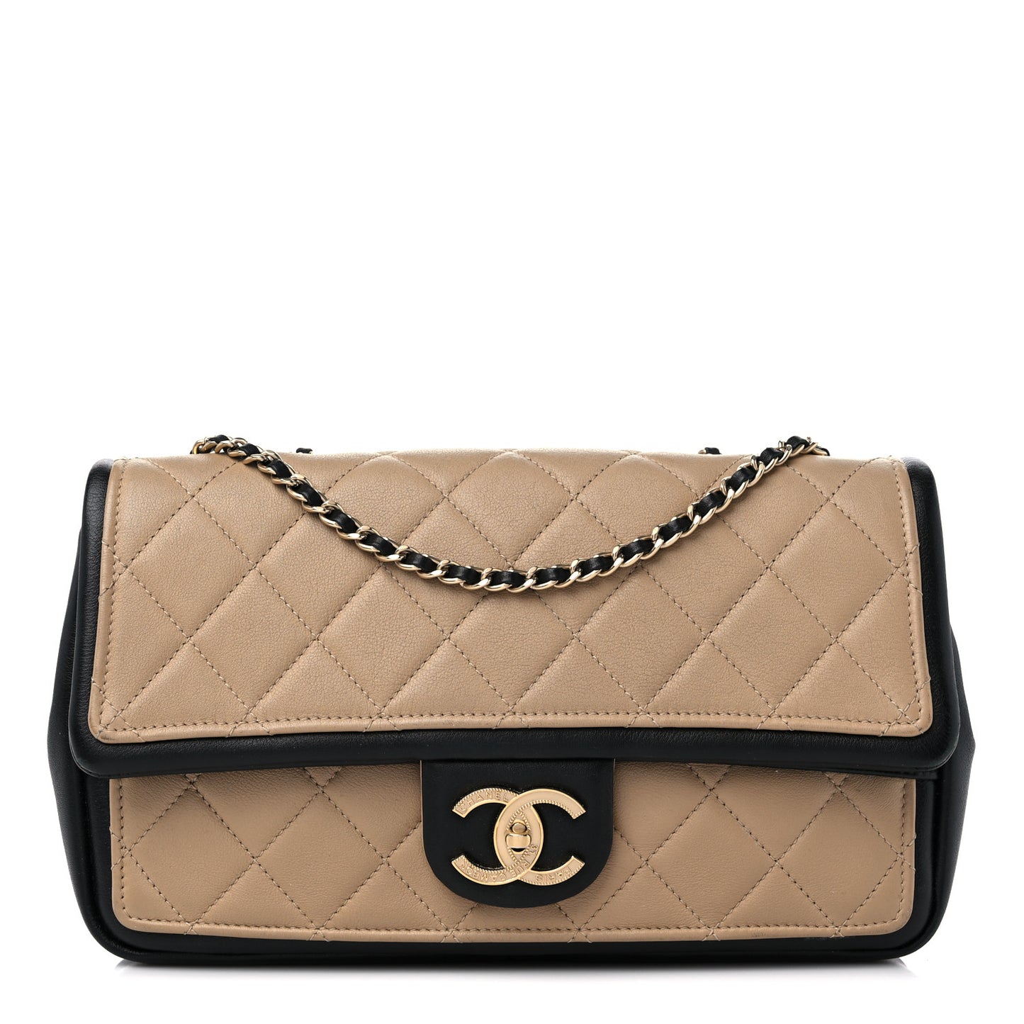 Calfskin Quilted Medium Graphic Flap Beige Black