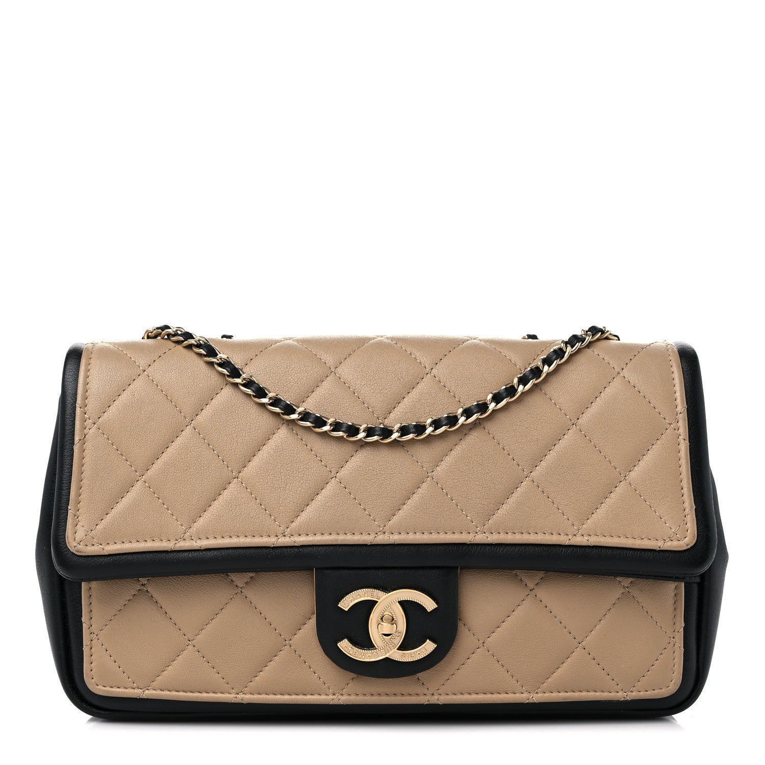 Chanel Calfskin Quilted Medium Graphic Flap Beige Black 1 of 15