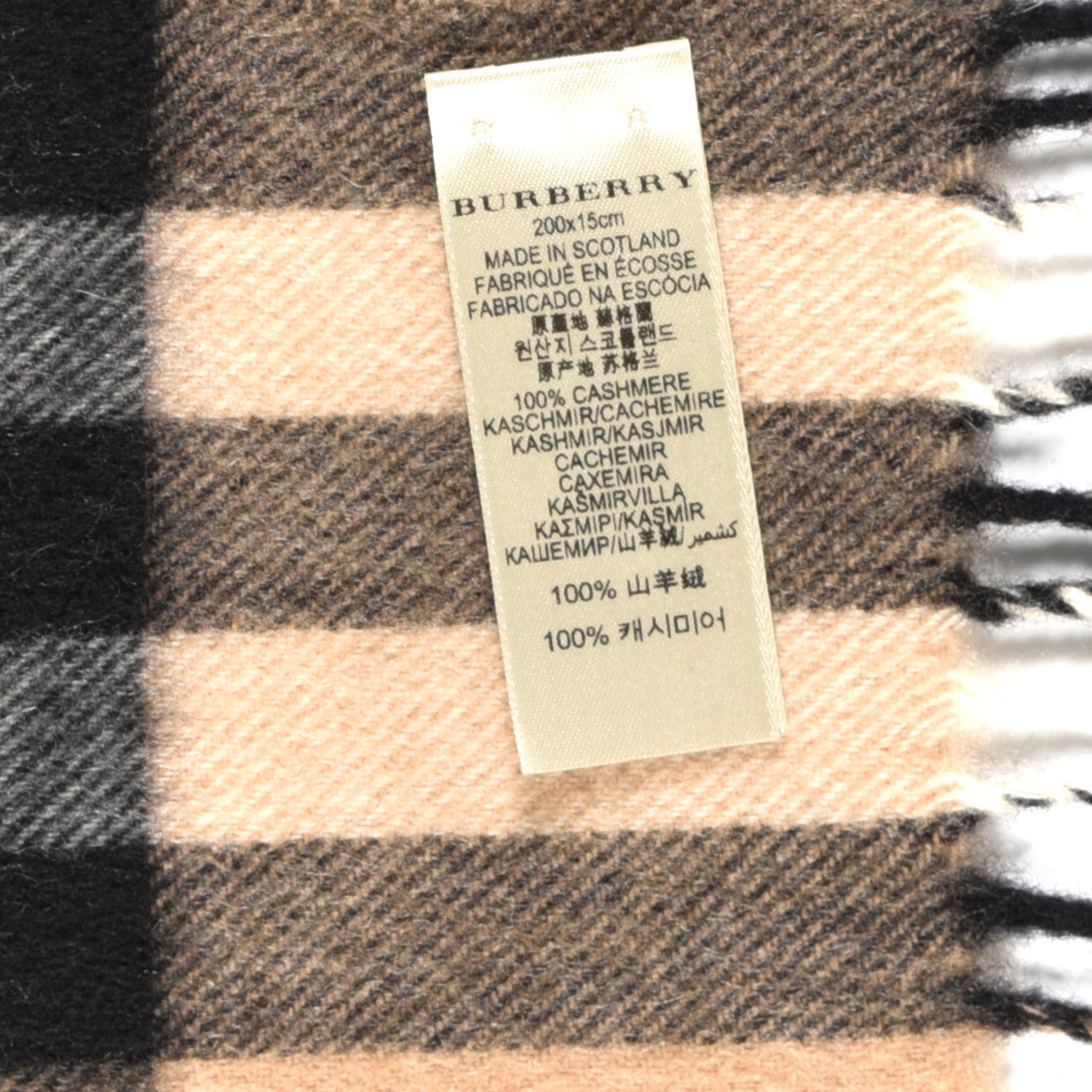 Cashmere Giant Check Fringe Scarf Camel