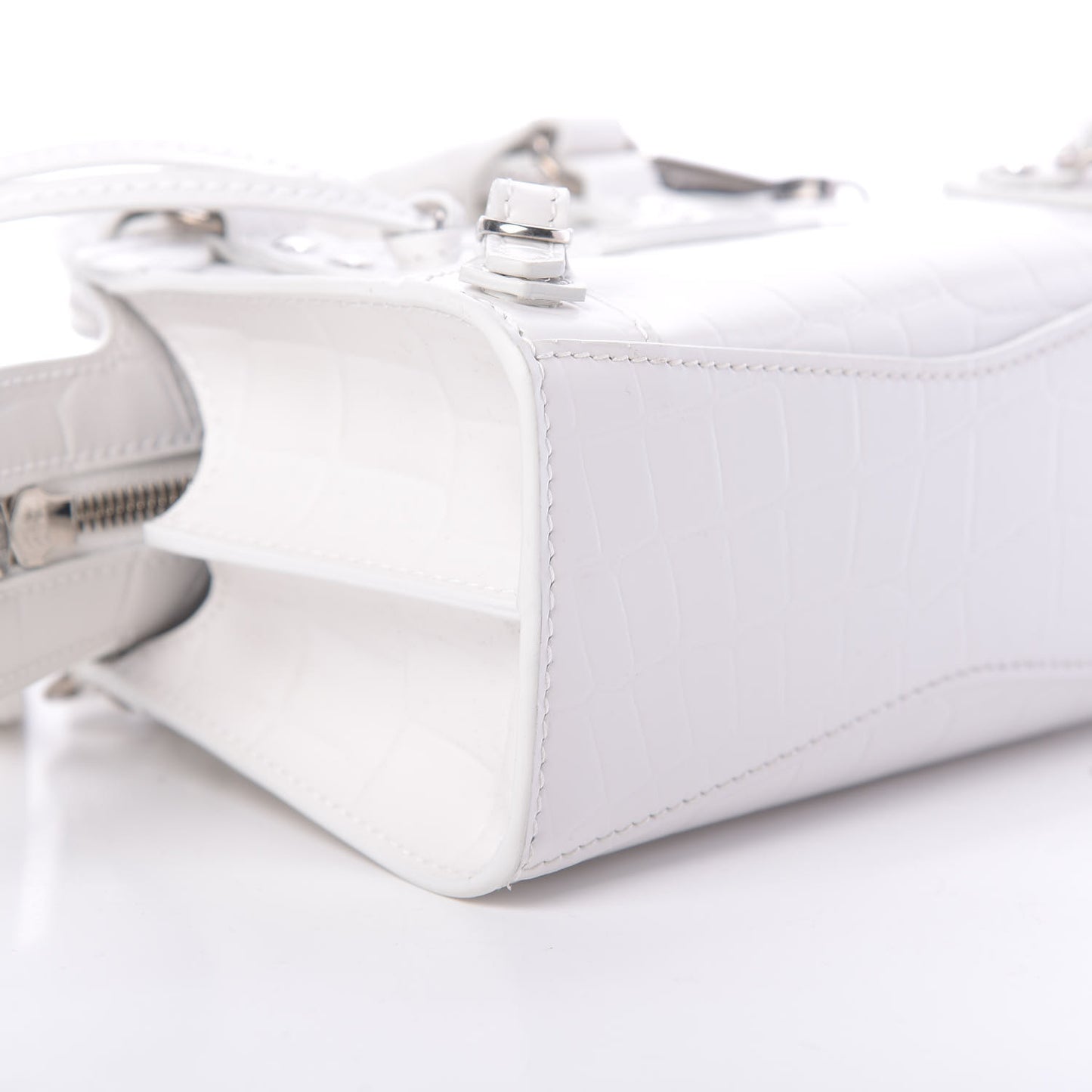 Semi Shiny Calfskin Crocodile Embossed Neo Classic Silver Hardware Nano City Crossbody White