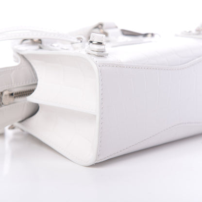 Balenciaga Semi Shiny Calfskin Crocodile Embossed Neo Classic Silver Hardware Nano City Crossbody White 9 of 10