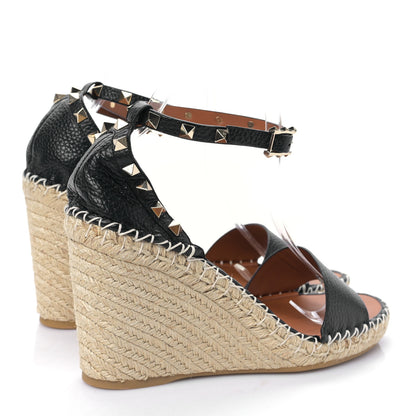 Valentino Garavani Grained Calfskin Rockstud Ankle Wrap Espadrille 15/85mm Wedges 41 Black Light Cuir 4 of 7