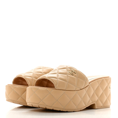 Chanel Lambskin Quilted CC Mules Wedge Sandals 38 Beige 3 of 8
