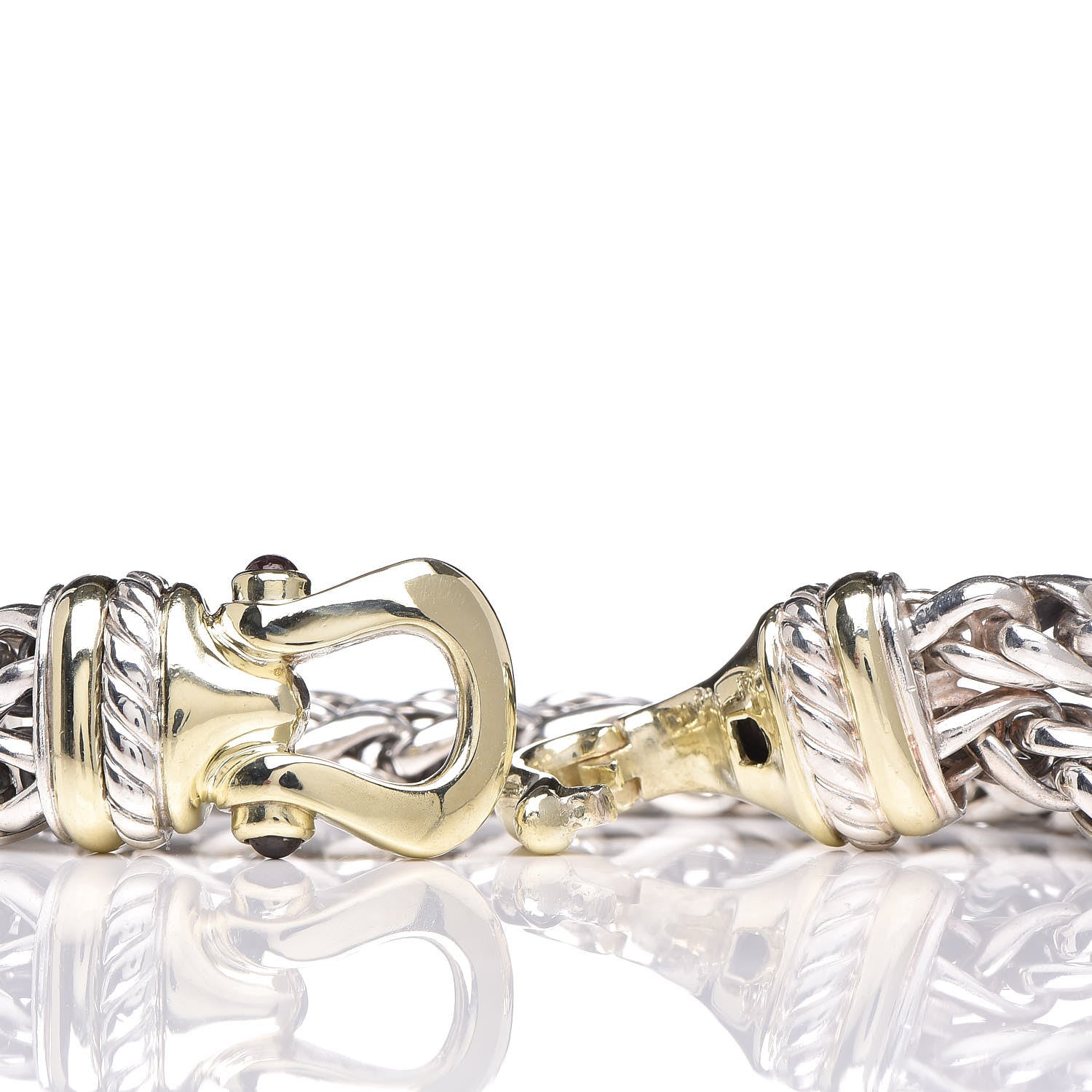 David Yurman Sterling Silver 14K Yellow Gold Garnet 6mm Double Wheat Buckle Bracelet 5 of 5